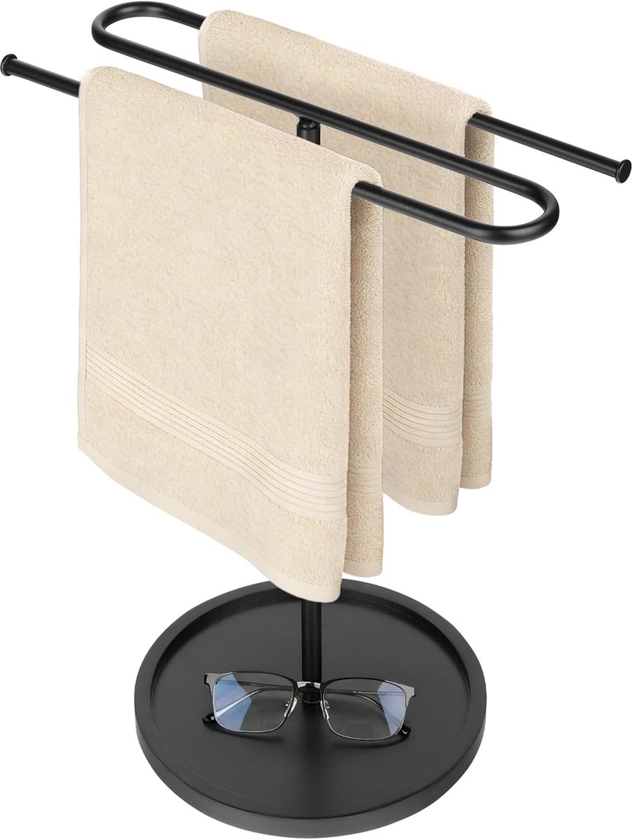 Handdoekenrek van metaal, vrijstaande badhanddoekhouder met geïntegreerde sieradenplank, stabiele doekstandaard en veelzijdig rek voor badkamer, keuken, woonkamer (zwart)