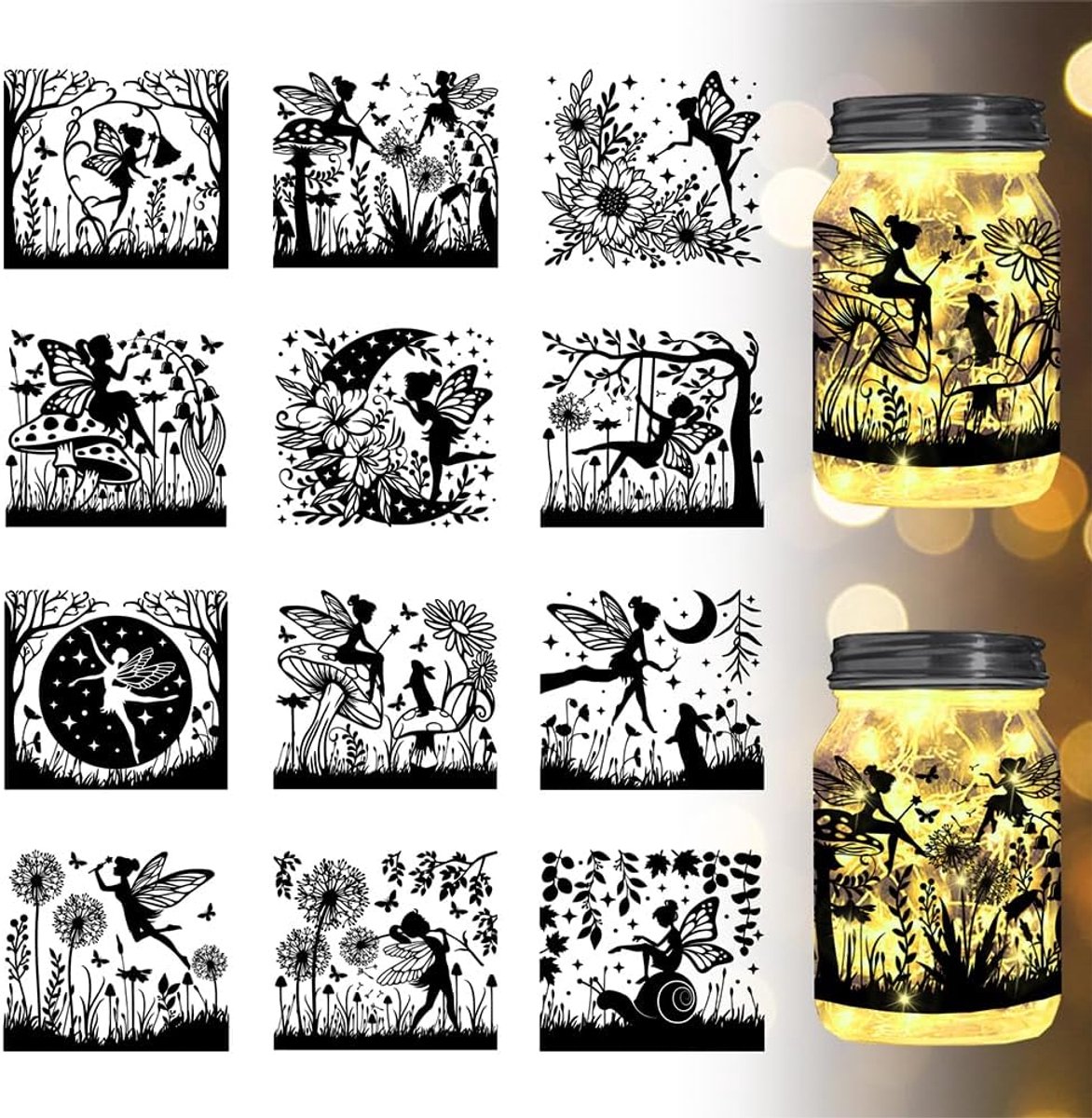 12 stuks feeënsilhouet uitsparingen voor blikjes paardenbloem silhouet kunststof muurstickers (niet stickers) lantaarn uitsparingen voor glazen raam lamp stickers