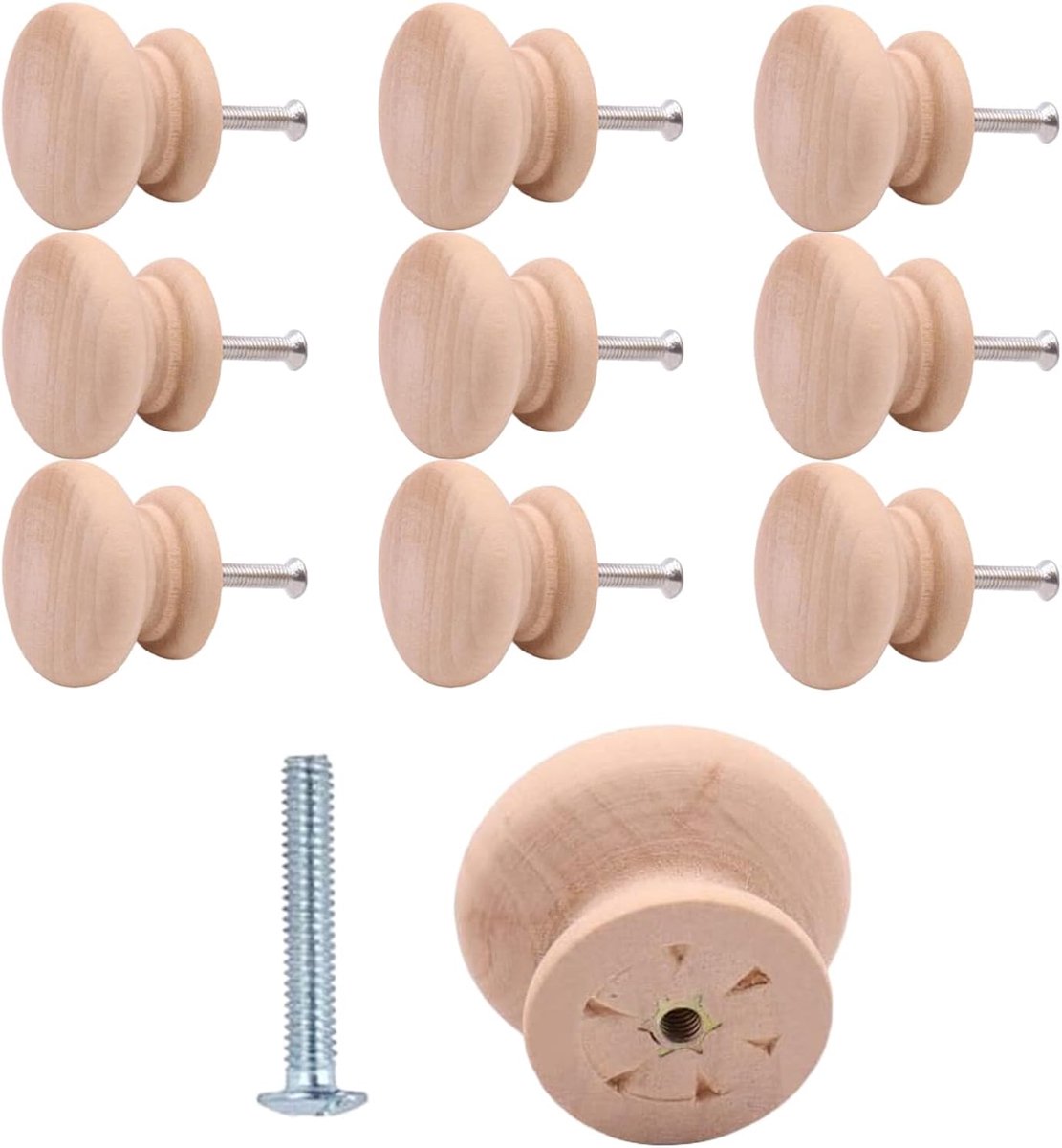 Kastknoppen, 10 stuks houten ladeknoppen met schroeven, ronde paddenstoelontwerp, kasthandgrepen voor laden, kasten, kledingkasten en kasten, eenvoudig te installeren, houten deurgrepen en