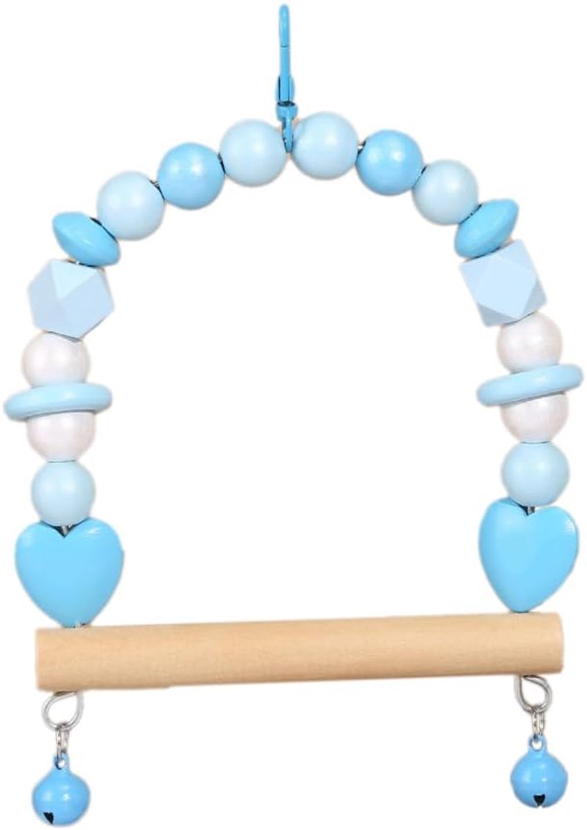 18 cm × 14 cm vogelschommel, kleurrijke kralen, halve cirkel, houten vogelspeelgoed met bellen, vogelschommel, papegaai, speelgoed, voor kleine parkieten, valkparkiet, blauw