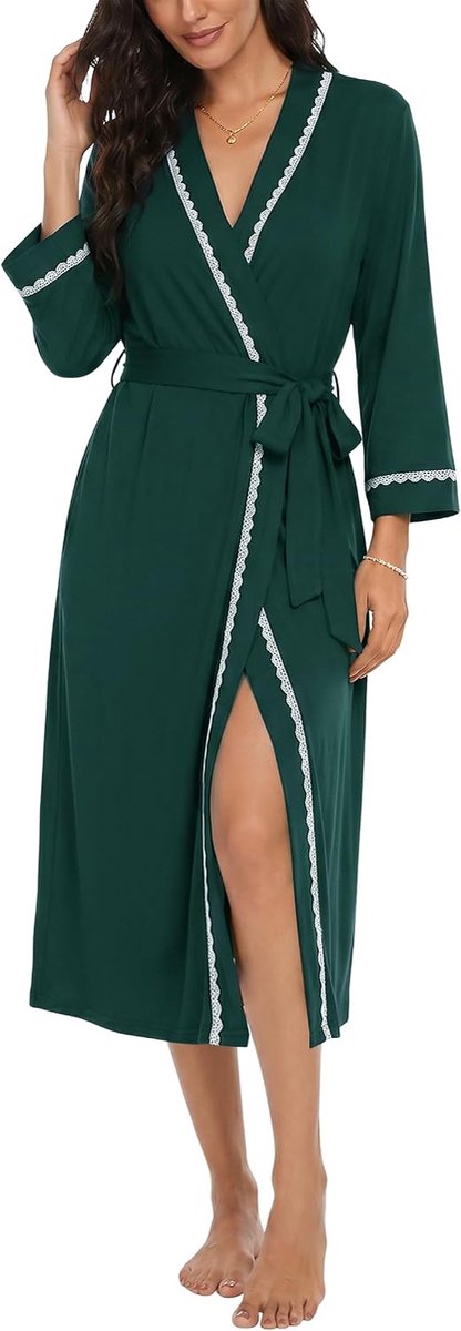 Badjas voor dames, lang, kant, kimono, pyjama, comfort | Lichte en zachte damesbadjas met kanten afwerking. Ideaal voor ontspannen ochtenden of avonden thuis.
