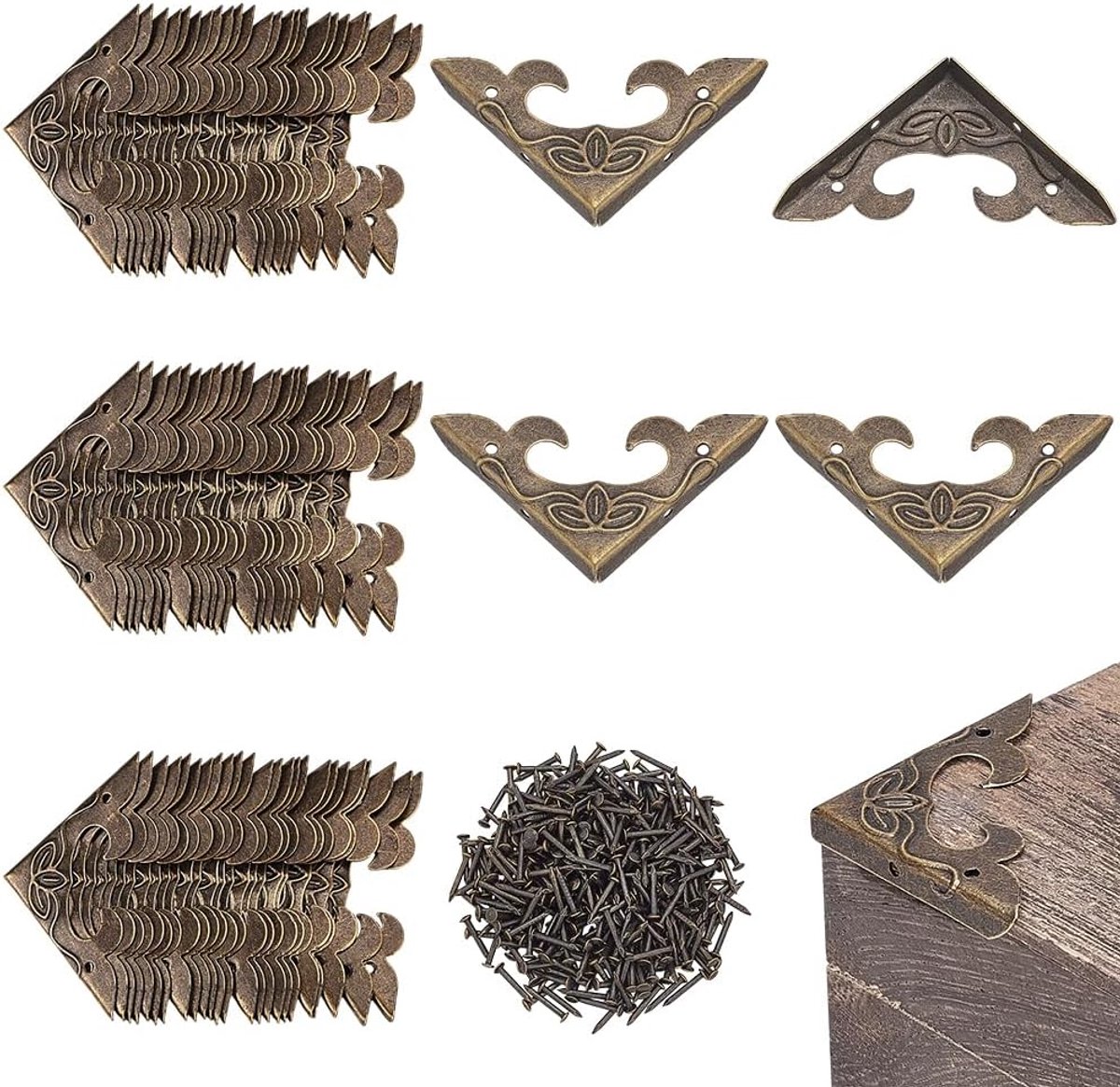 PandaHall 80 stuks vintage hoekbeschermers decoratieve metalen randafdekkingen, ijzeren driehoekige meubelbeschermers, metalen beugels met schroeven voor houten doos, sieraden, tafel, huisdecoratie