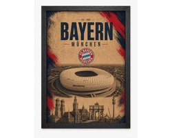 Bayern München Poster | Allianz Arena & München skyline | Inclusief Zwarte A4 Lijst | Voetbalposter