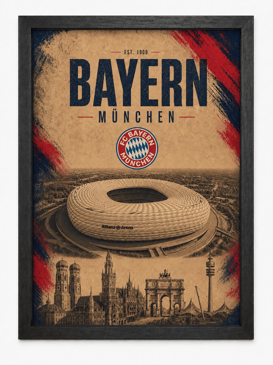 Bayern München Poster | Allianz Arena & München skyline | Inclusief Zwarte A4 Lijst | Voetbalposter