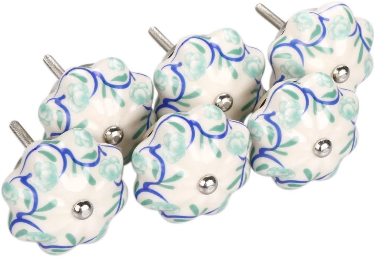 Uxcell 6 Pieces Vintage Shabby Knobs Blue and White Floral Hand Painted Ceramic Pumpkin Cupboard Wardrobe Cabinet Drawer Door Handles Pulls Knob, Vines