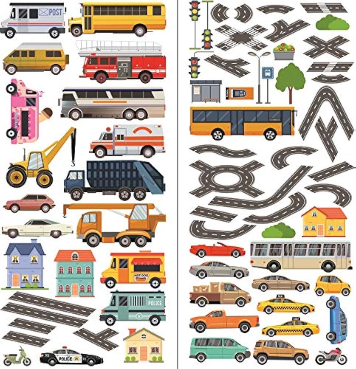 Muurstickers voor slaapkamer, jongens en meisjes, motief transports en roads, muursticker, voor kinderkamer, muurkunst, speelkamer, jongens, auto's, stad, 70 x 35 cm, 2 vellen