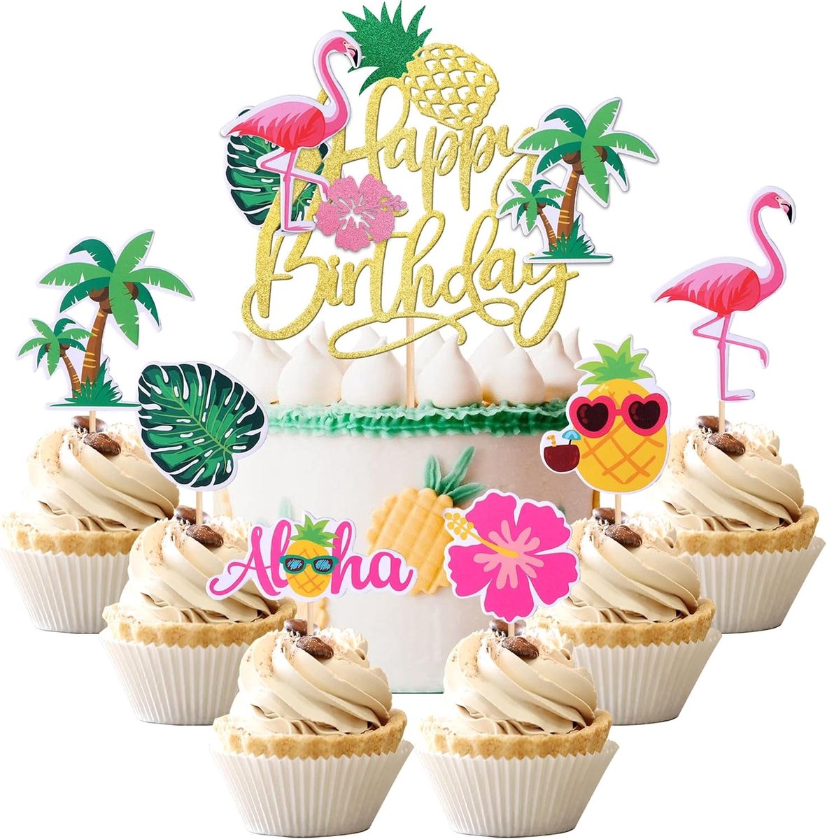 25 stuks, zwembad, strand, taartdecoratie, verjaardag, zomer, cupcake-topper, volledige energie, zomer, Happy Birthday, taartdecoratie voor zomer, strand, thema, feestaccessoires