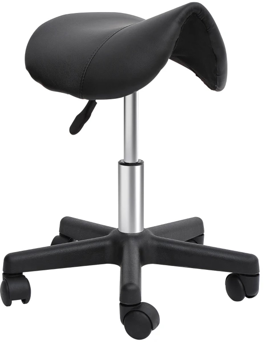 Zadelkruk op Wielen - Zadelstoel - Kapperskruk met Zadelvormige Zitting - Tabouret - 360° Draaibaar - In Hoogte Verstelbaar - Salonstoel - Kruk Stoel - Werkkruk - voor Kantoor, Salon, Massage, Spa - Zwart