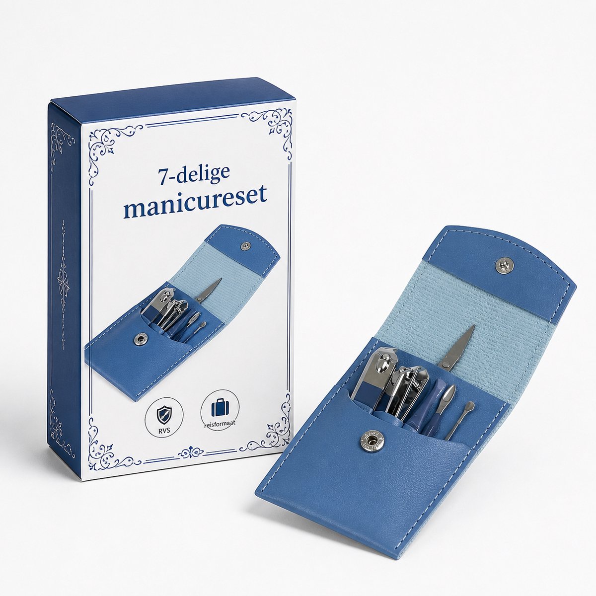 Manicureset 7-delig - RVS nagelverzorging - blauw reis etui
