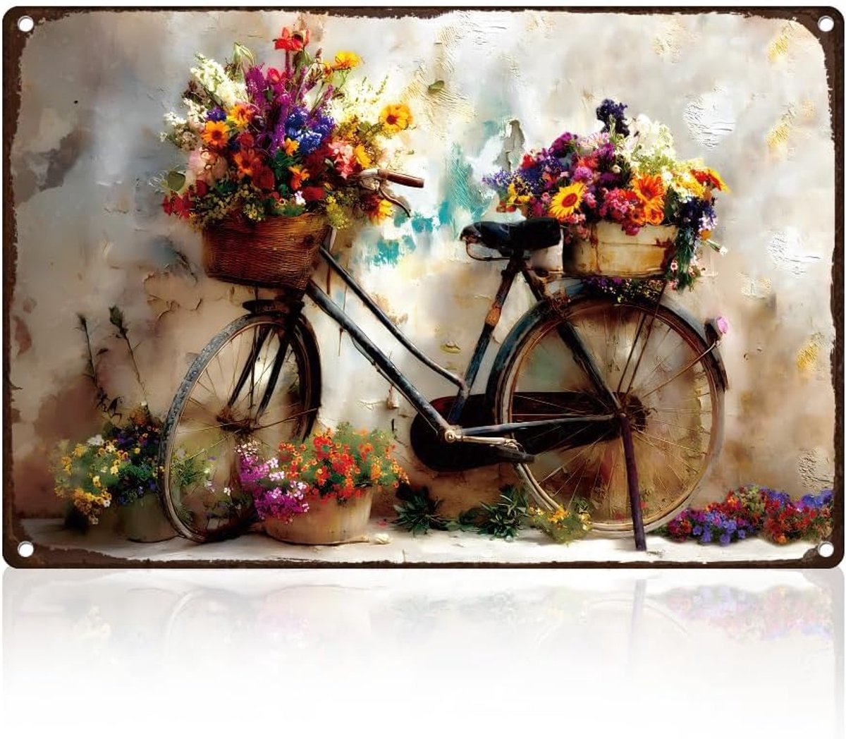 Vintage fiets met bloemenmand, tinnen bord, kleurrijke bloemenfiets, retro metalen muurdecoratie, 20 x 30 cm, muurkunst poster voor tuin, achtertuin, boerderij, bloemenwinkel, binnenplaats