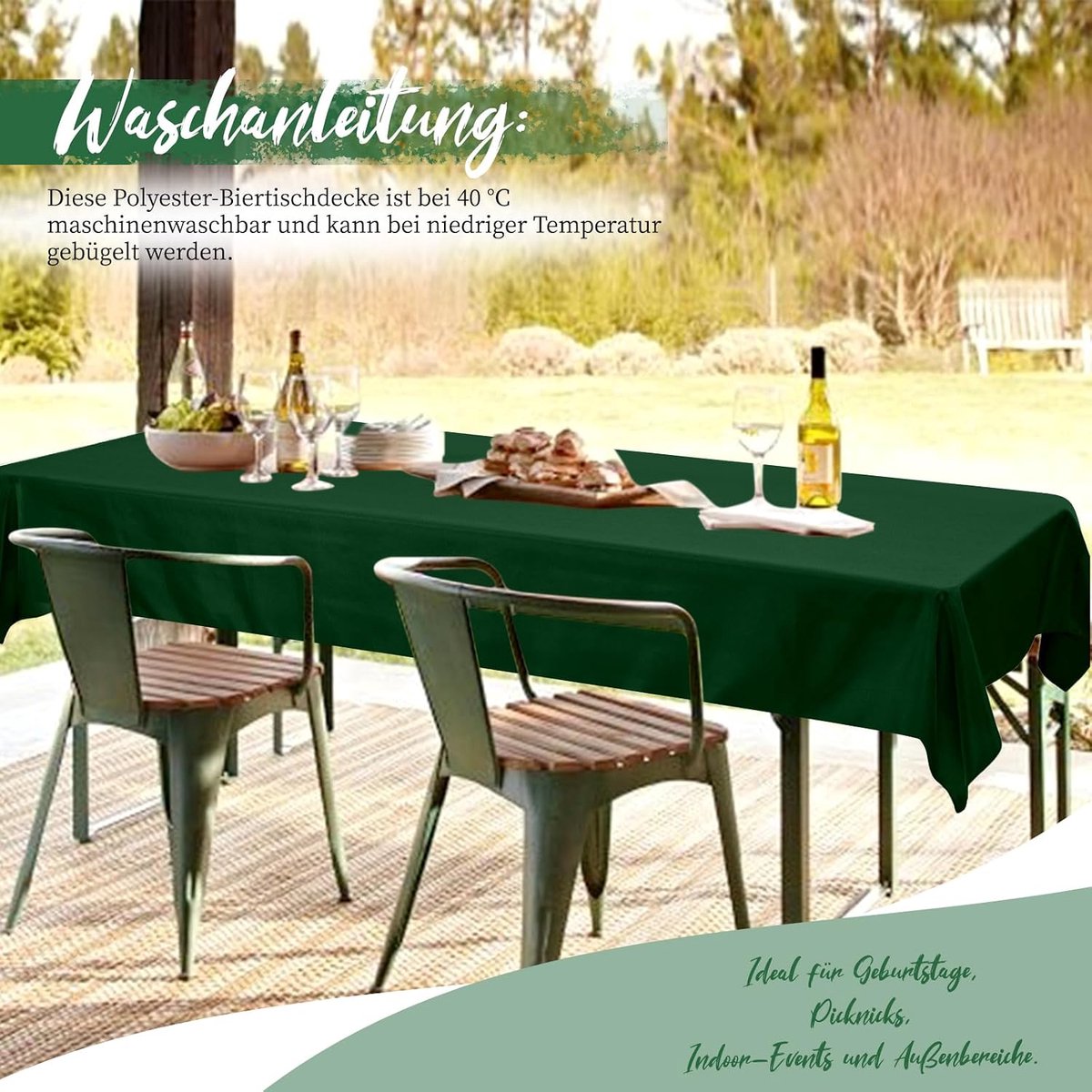 Tafelkleden, universeel, voor biertafels van 50 cm en 70 cm, ondoorzichtige polyester biertafelhoezen, rechthoekige tafelkleden, wasbaar, 250 x 100 cm, donkergroen