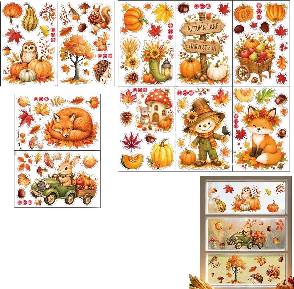 Raamstickers herfst decoratie – herbruikbare statische raamstickers met herfstbladeren, pompoenen en dieren – zelfklevende raamdecoratie voor ramen, deuren en spiegels