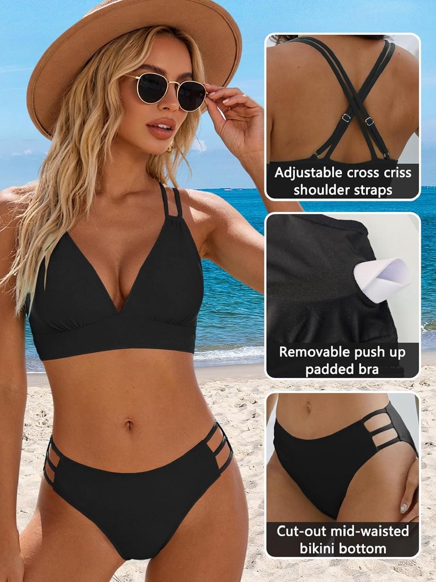 Sets met hoge taille voor vrouwen, buikcontrole, push-up bikini gewatteerde V-hals bandjes kruis middentaille driehoek bikini zwemkostuum vrouwen 2-delig badpak badpak badmode