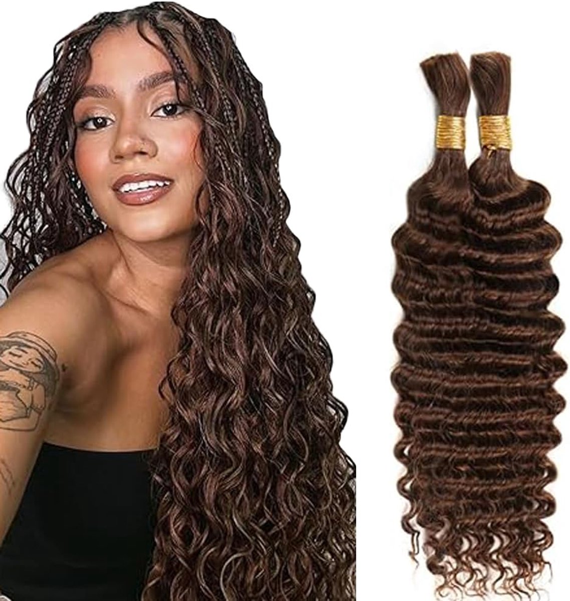 Wave Bulk Human Braiding Hair for Boho Braids Knotless Braids Total 100g 2 Bundles 30 30 Inch Human Hair Extension Unprocessed No Weft #4 Chocolate Brown for Women