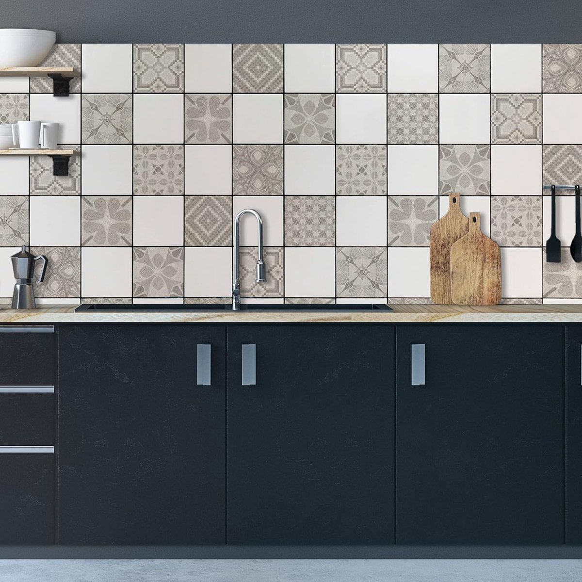 Tegelstickers voor keuken, badkamer en douchecabine, zelfklevend, zand-effect, 24 stuks, 10 x 10 cm, waterdicht, vinyl, zelfklevend, decoratie voor badkamer en keuken, gemaakt in Italië