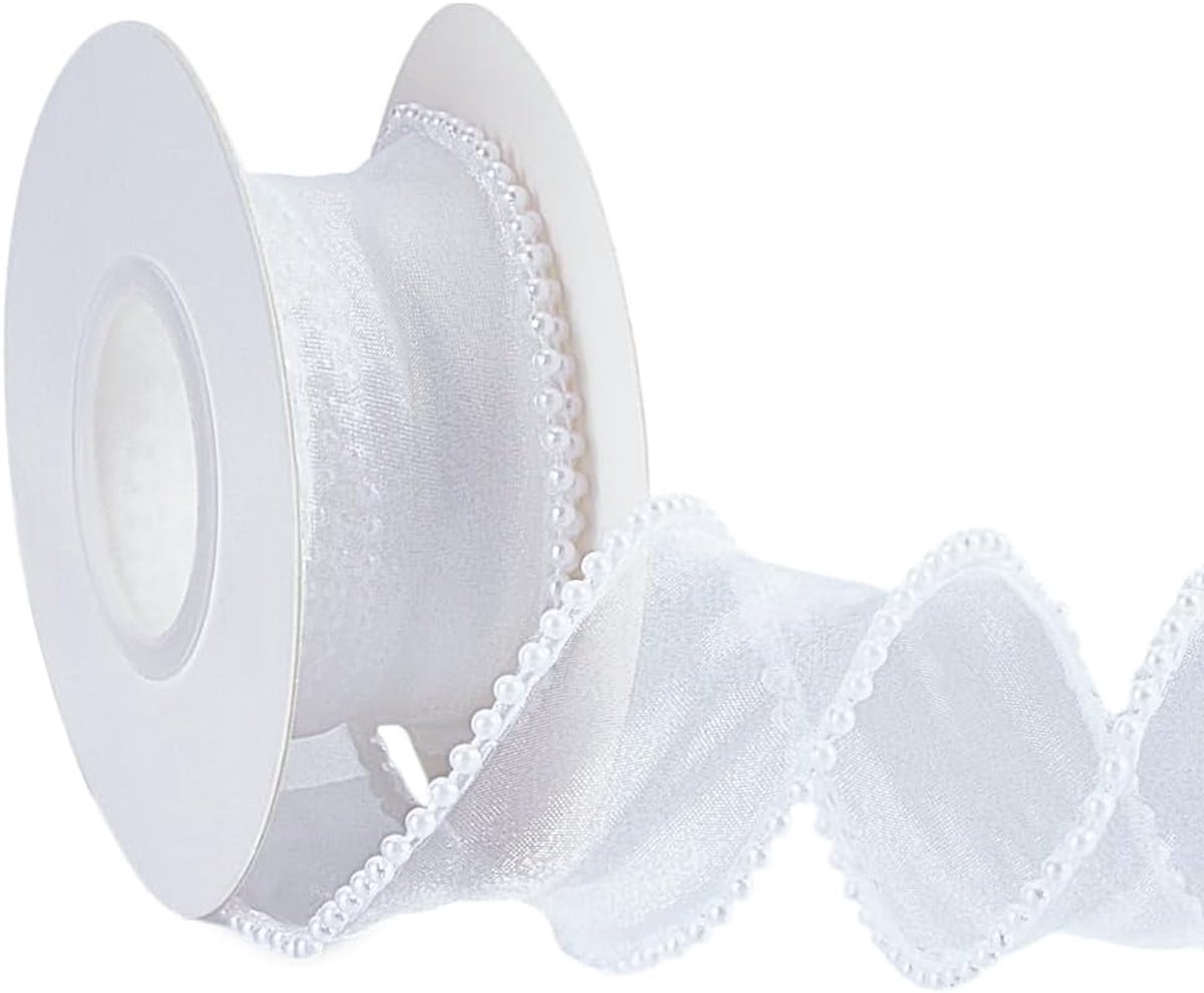10 yards parellint 2,5 cm wit lint met kunstparels polyester organza kantlint visstaart transparante bundelrollen