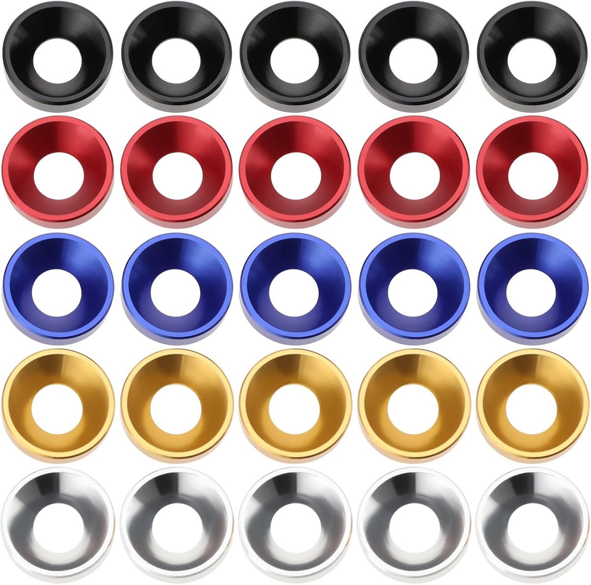 Store 25 stks M6x14x3.5mm Verzonken Wasmachines Legering Aluminium Kleurrijke Pakkingen Bevat 5 stks Elk van Zwart/Rood/Blauw/Zilver/Goud voor Auto Meubels Schroef Accessoires
