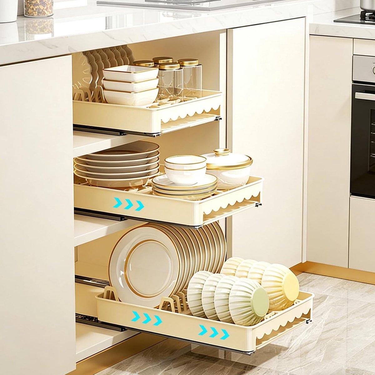 Uittrekbaar, ruimtebesparend afdruiprek met lekbak voor de keukenspoelbak, modern design, serviesmand voor borden, kopjes, kommen, crème-wit, kunststof, 45,8 x 29,5 x