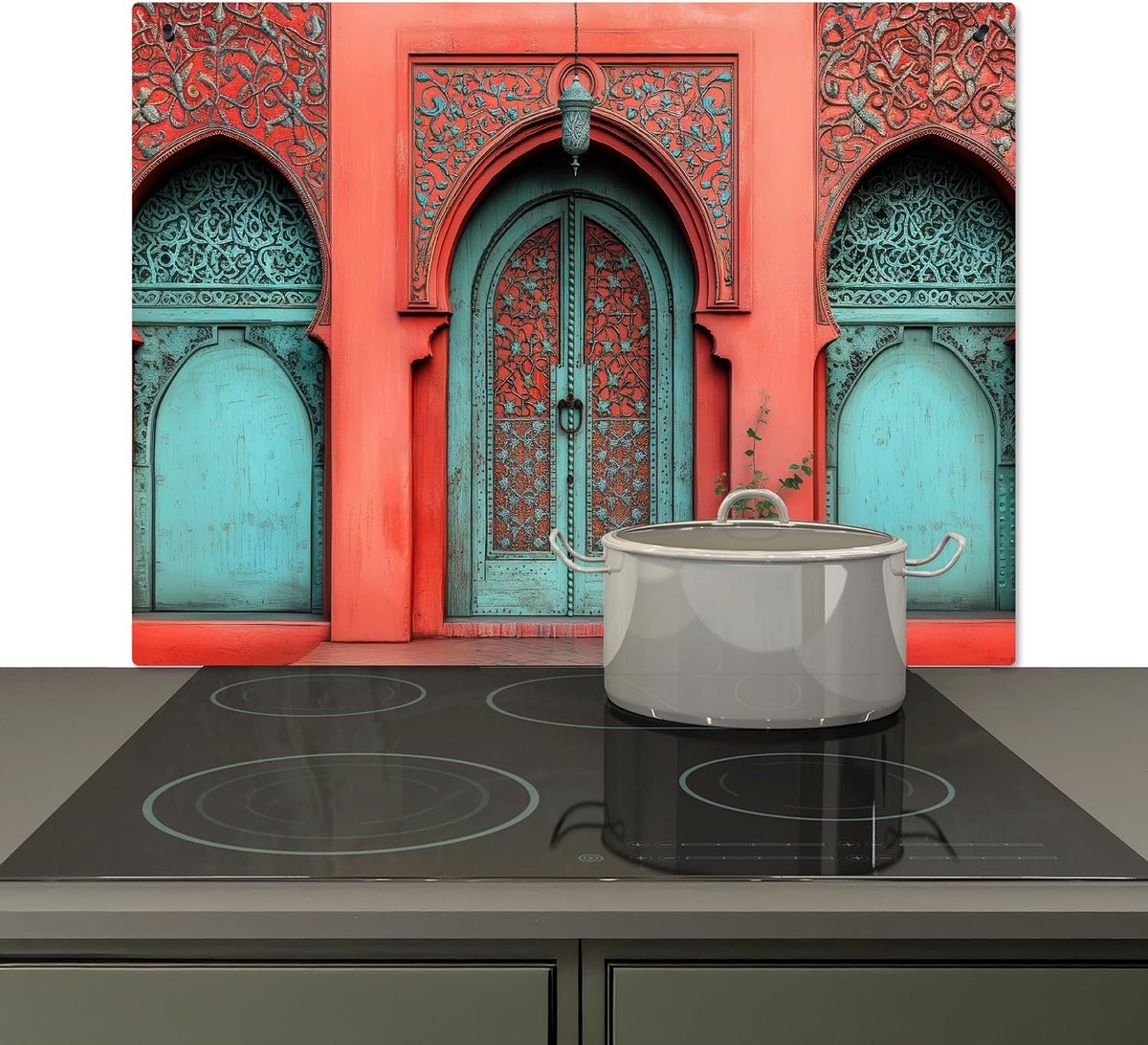 Spatscherm Keuken 52.2x80.2 cm Kookplaat Achterwand Beschermer Muur Spatwand Fornuis Aluminium Hittebestendig - Lantaarn - Deur - Turquoise