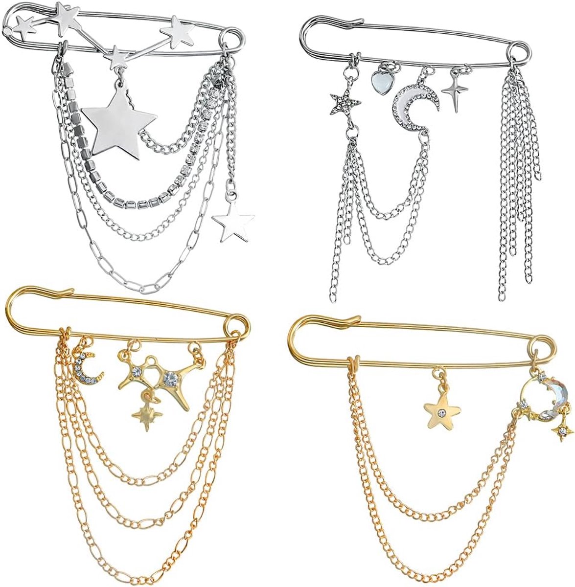 Broches set kwasten veiligheidsspeld met ketting voor kleding uit de punk, hiphop en vintage serie