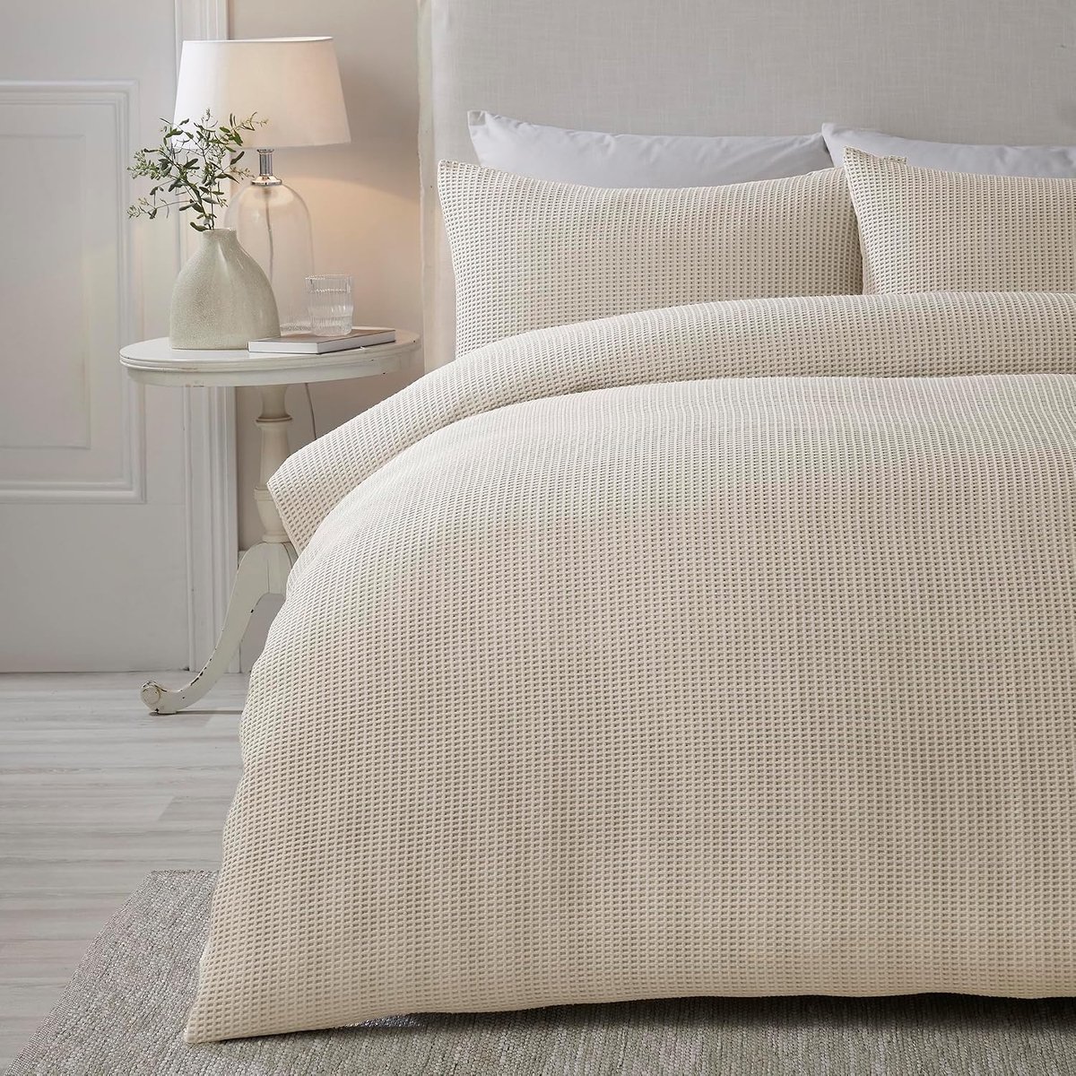 Dekbedovertrek met natuurlijk wafelpatroon - Eenpersoons beddengoed (140 x 200 cm) - Soft Touch - Luxe beddengoed - Rasterpatroon getextureerd dekbedovertrek in crème natuurlijk - vierkant