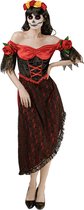 Joya Party® Dia de los Muertos Jurk Dames | Day of the Dead Kostuum Vrouw | Halloween Verkleedkleding Vrouwen | Catrina Jurk Rood Zwart | Inclusief Bloemen Haarband | Carnaval | Maat S/M