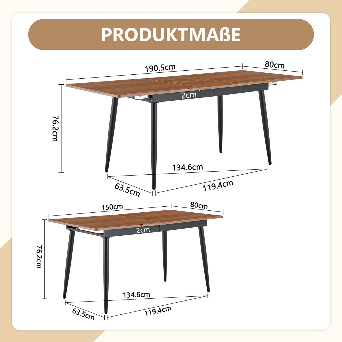 FloraGrace Eettafel Rechthoekig 190,5 Cm Of 150 Cm Met Industrieel Design, Walnootkleurig MDF En Zwarte Metalen Poten Voor 6 Tot 8 Personen
