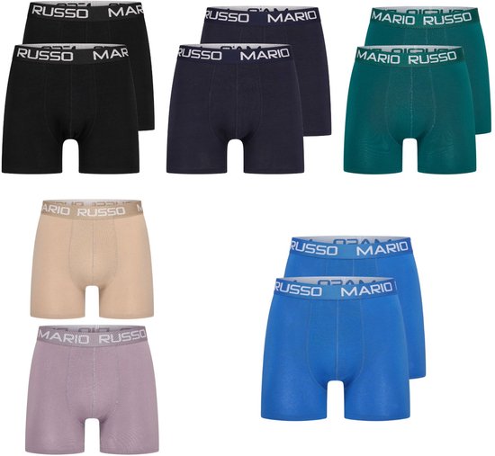 Collage van zeven verpakkingen Mario Russo boxershorts in verschillende kleuren: zwart, donkerblauw, groen, beige, paars en twee blauwe.