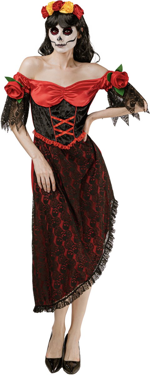 Joya Party® Dia de los Muertos Jurk Dames | Day of the Dead Kostuum Vrouw | Halloween Verkleedkleding Vrouwen | Catrina Jurk Rood Zwart | Inclusief Bloemen Haarband | Carnaval | Maat M/L