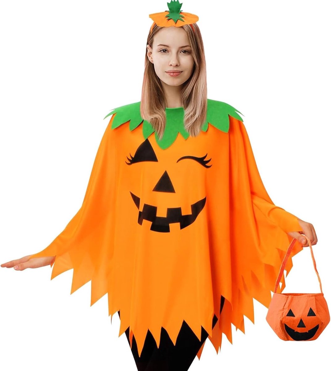 Halloween Kostuum voor Vrouwen met Pompoen Thema, Hoofdband en Snoepzak - Perfect voor Carnaval en Feestjes