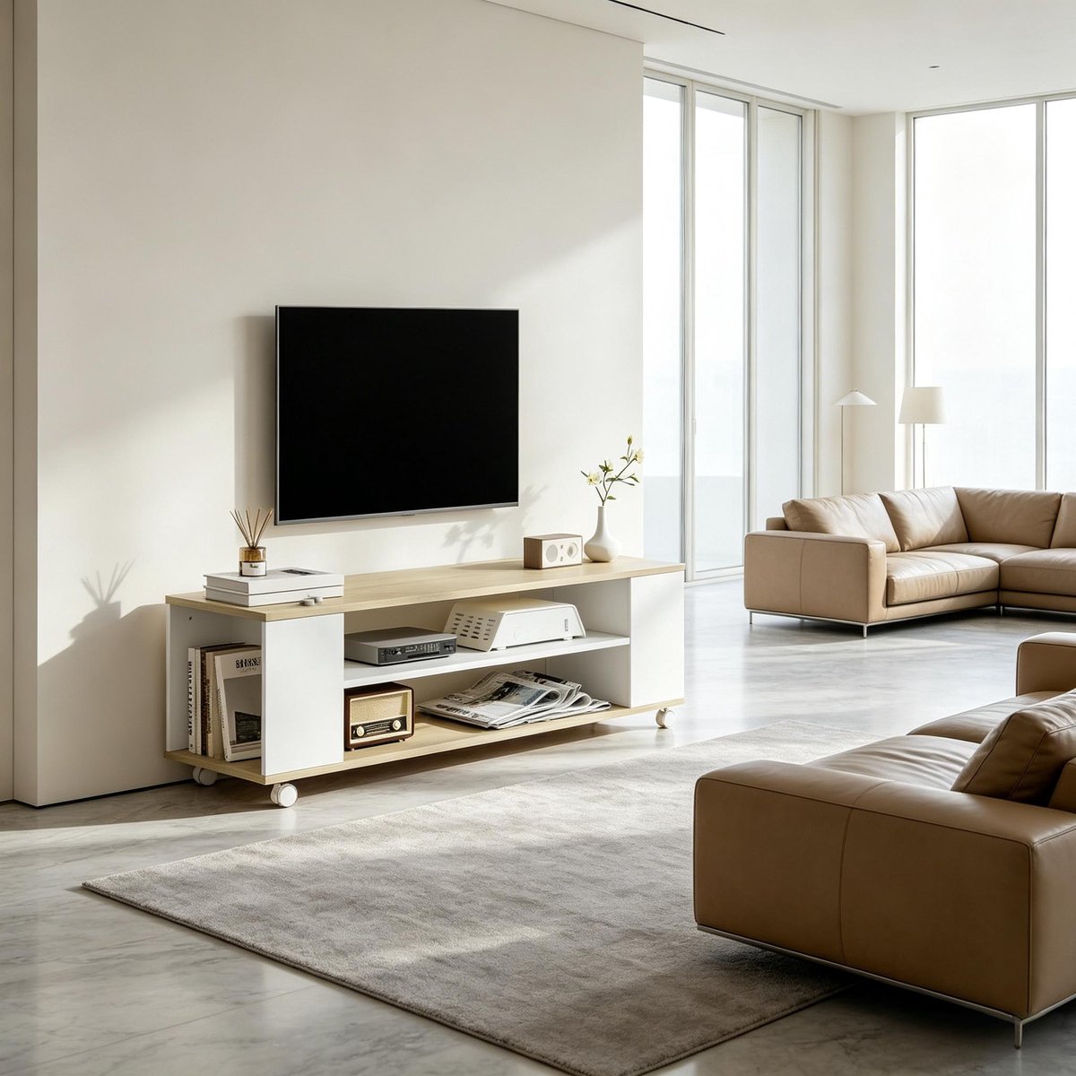 COVREO TV-meubel 120 x 40 x 38,5 cm wit naturel, spaanplaat, met wielen