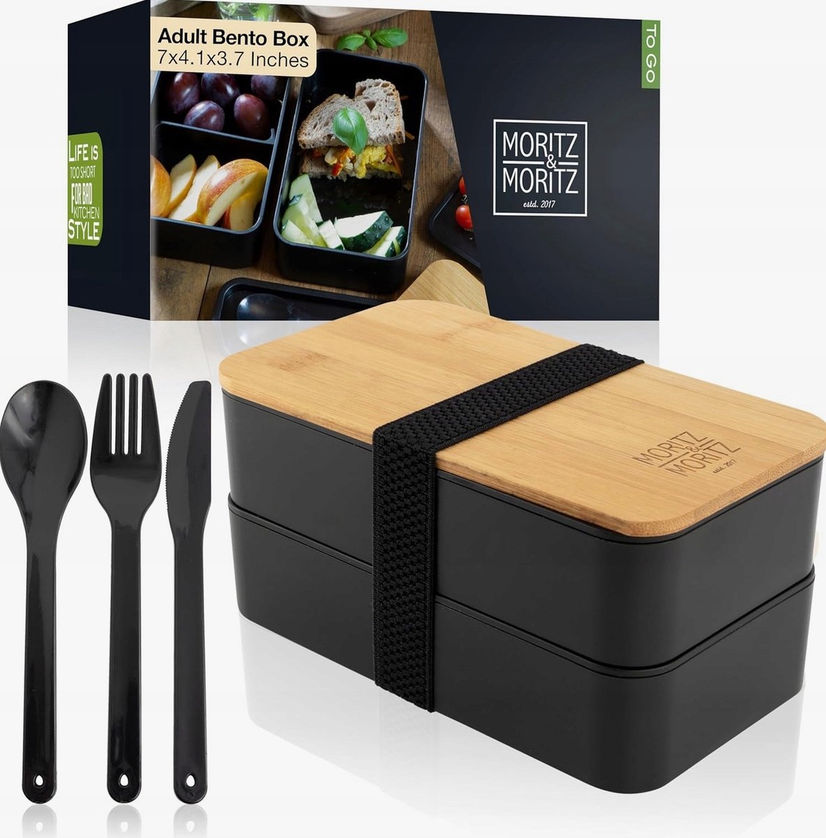 Merkloos Bento Lunchbox 1360ml - Dubbellaags, Levrij, Zwart