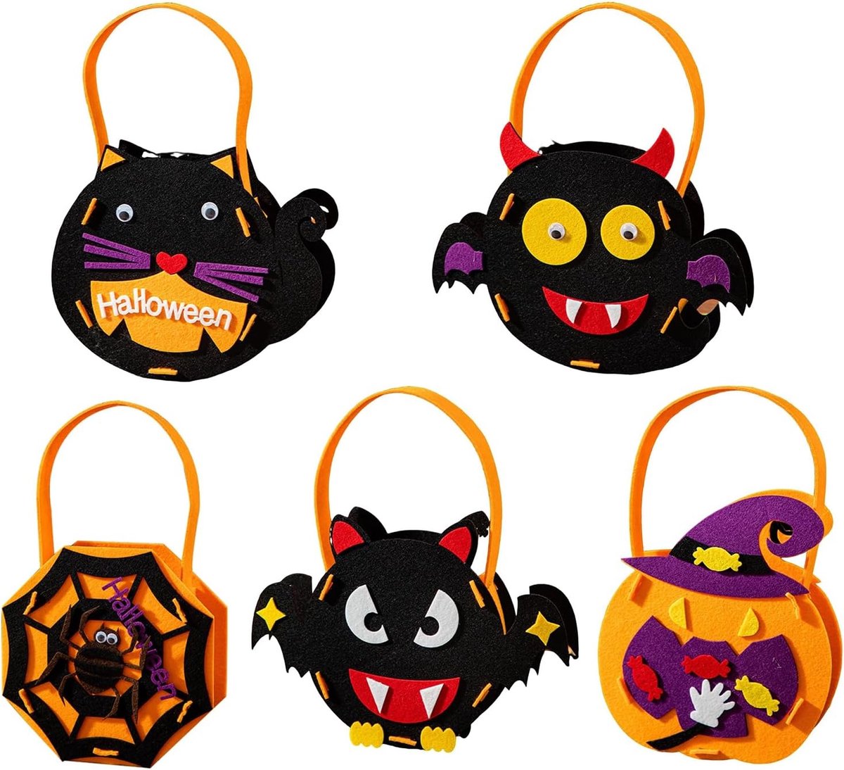 5 Verschillende Halloween Vilt Tassen – Pompoen en Spinnenweb – Trick-or-Treat – Voor Kinderen