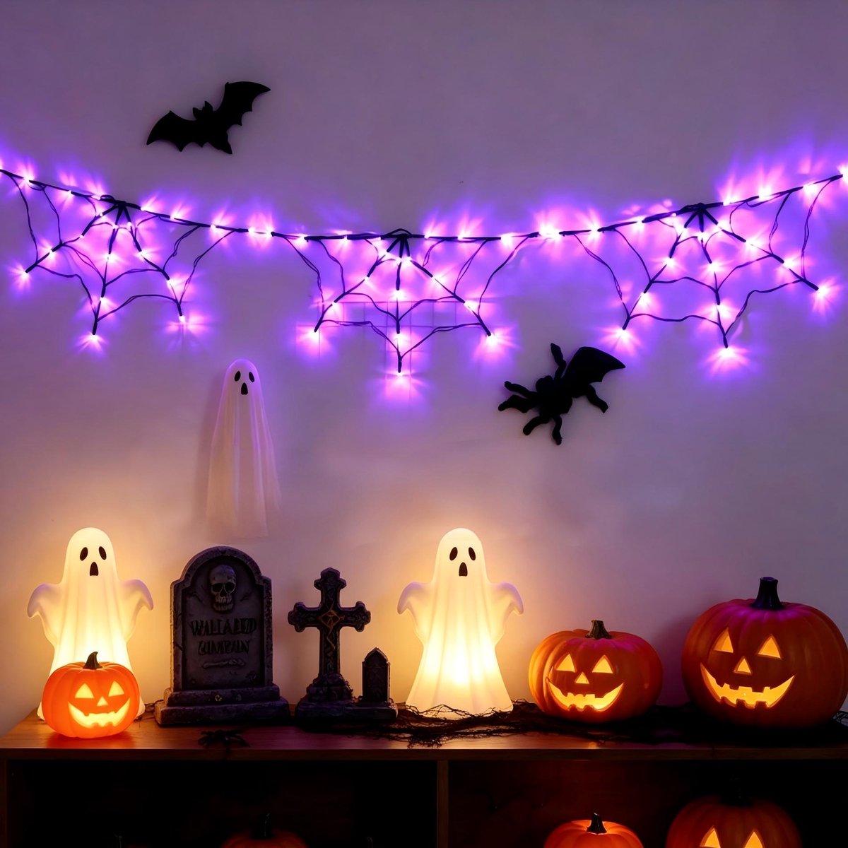 Halloween Spinnenweb Verlichting – LED Lichtslinger met 3 Spinnenwebmotieven & Pluche Spin – Paarse Verlichting – Afstandsbediening – Batterijvoeding – 180 cm – Halloween Decoratie – 1 Stuk