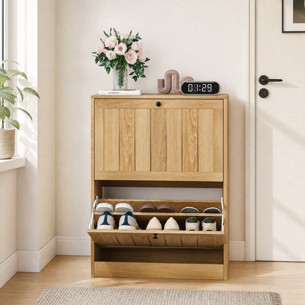 Schoenenkast 60x24x80 cm – Smalle Vrijstaande Opbergkast met 2 Klepdeuren – Verstelbare Planken – Schoenenopberger voor Hal, Gang en Entree – Eikenkleur