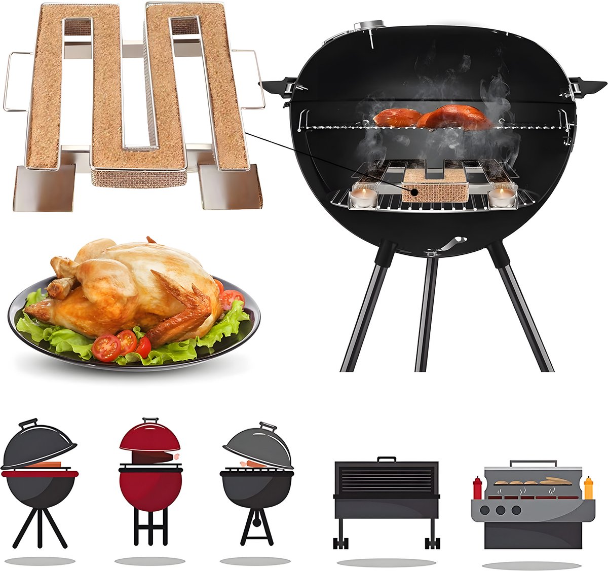 BBQ Rookbox 304 RVS - Rookmand Rookbakje Rookpot M Model-Met Dubbele Steun En Houtsnippers - Roker-Rookplank-Rookaccessoire Voor Buiten Grillen En Barbecue