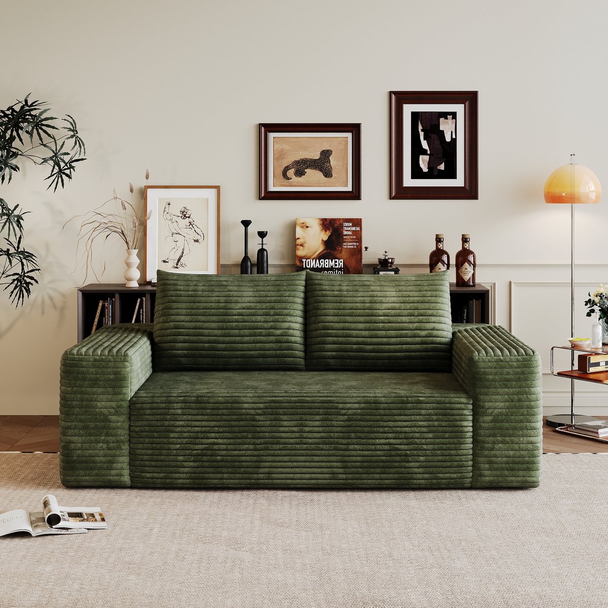 Corduroy Compressiesofa 180 cm – 3-Zits Modulaire Loveseat Bank – Diepe Zit, Geen Montage, Zachte Zitting – Woonkamer, Slaapkamer – Groen