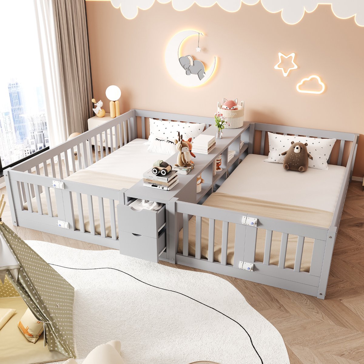 VVBV Kinderbed 90x200 cm - Uitvalbeveiliging, Opbergruimte, Met Lades, Ruimtebesparend - Grijs, Hout