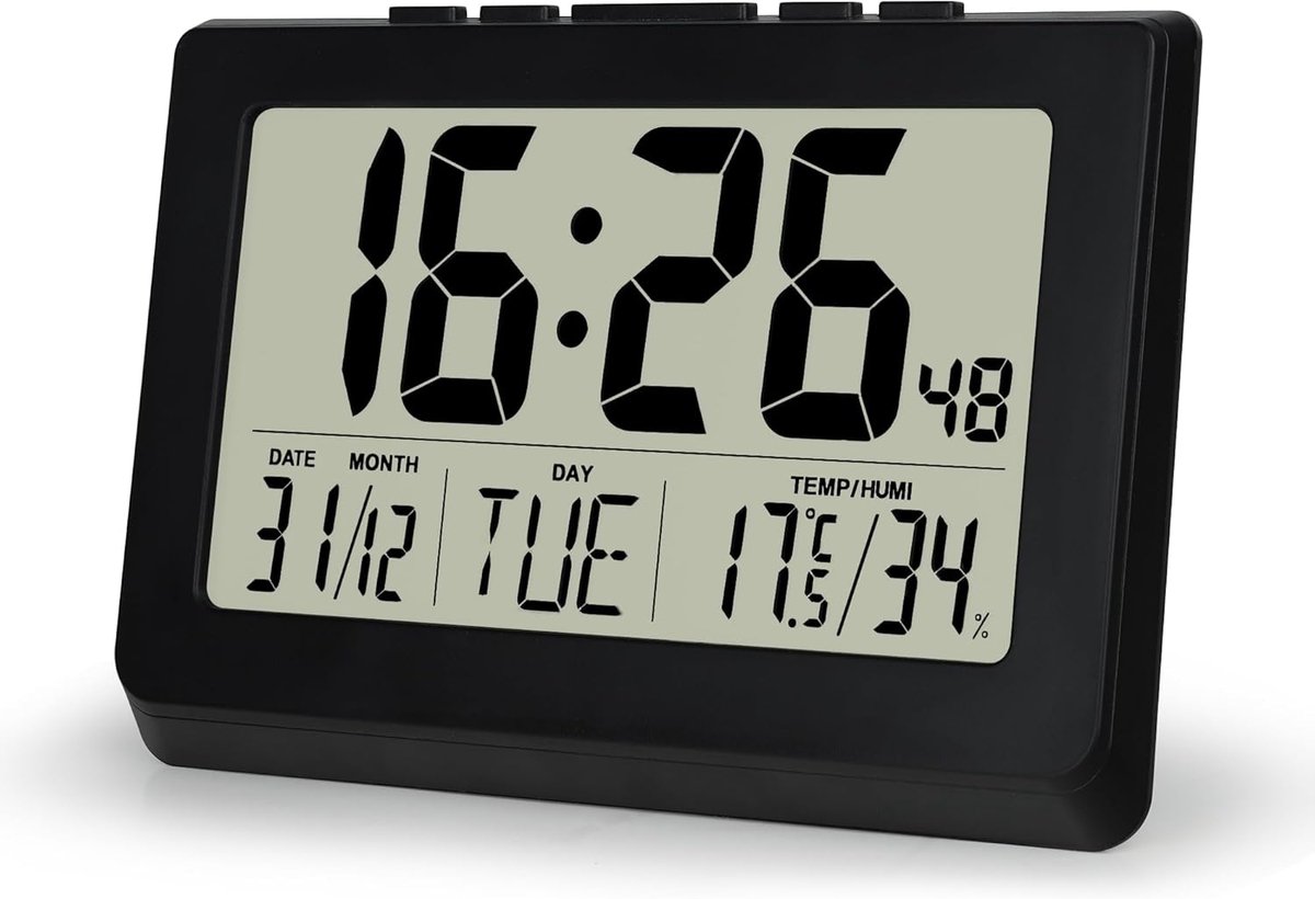 Lafocuse Digitale wandklok - tafelklok - werkt op batterijen - lcd - groot display - digitale klok met grote cijfers - datum - temperatuur - vochtigheid - wekker - snooze - voor slaapkamer - woonkamer - kantoor
