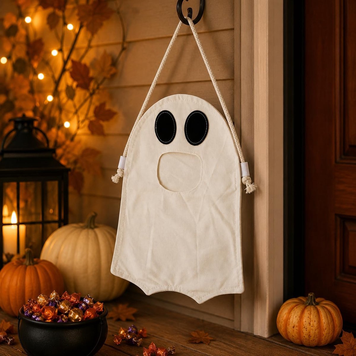 Stoffen Halloween Spook Snoepzak - 42x30 cm - Met Touwhendel - Trick-or-Treat - Wit