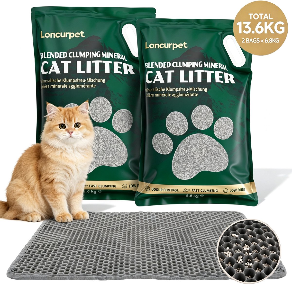 Loncurpet - Kattenbakvulling - Met Kattenbakmat - Gemengd Kattengrind - 2 x 6,8kg - Natuurlijke ruwerts formule - Snelle absorptie - Stevige klonten - 100% stofvrij & geurneutraliserend