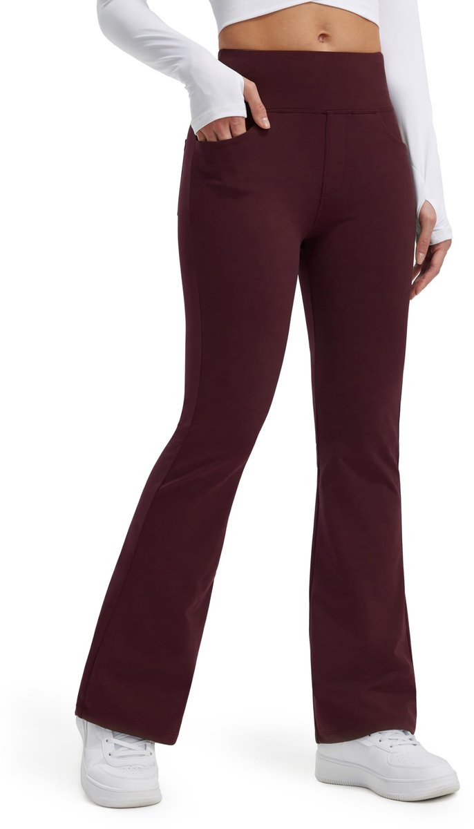 SolidKeus - Dames Thermische Flared Leggings met Zakjes, Donker Rood
