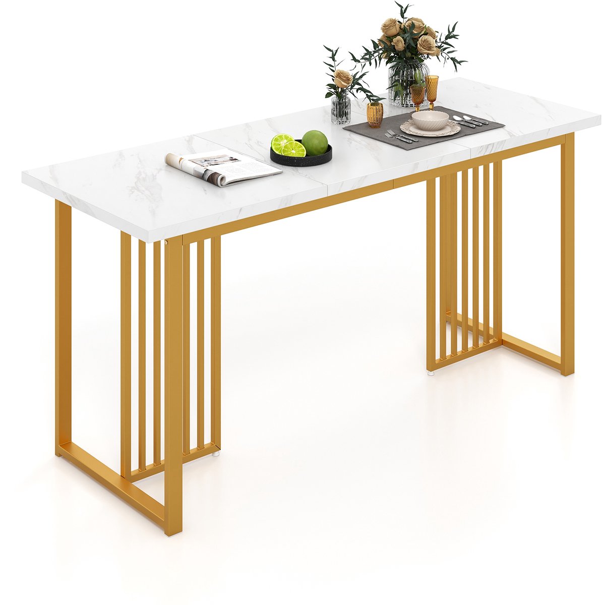 COSTWAY Eetkamertafel van hout, 160 x 60 cm, rechthoekige keukentafel met marmerlook en metalen poten, eettafel voor 6-8 personen, grote tafel voor eetkamer, woonkamer, restaurant, wit + goud