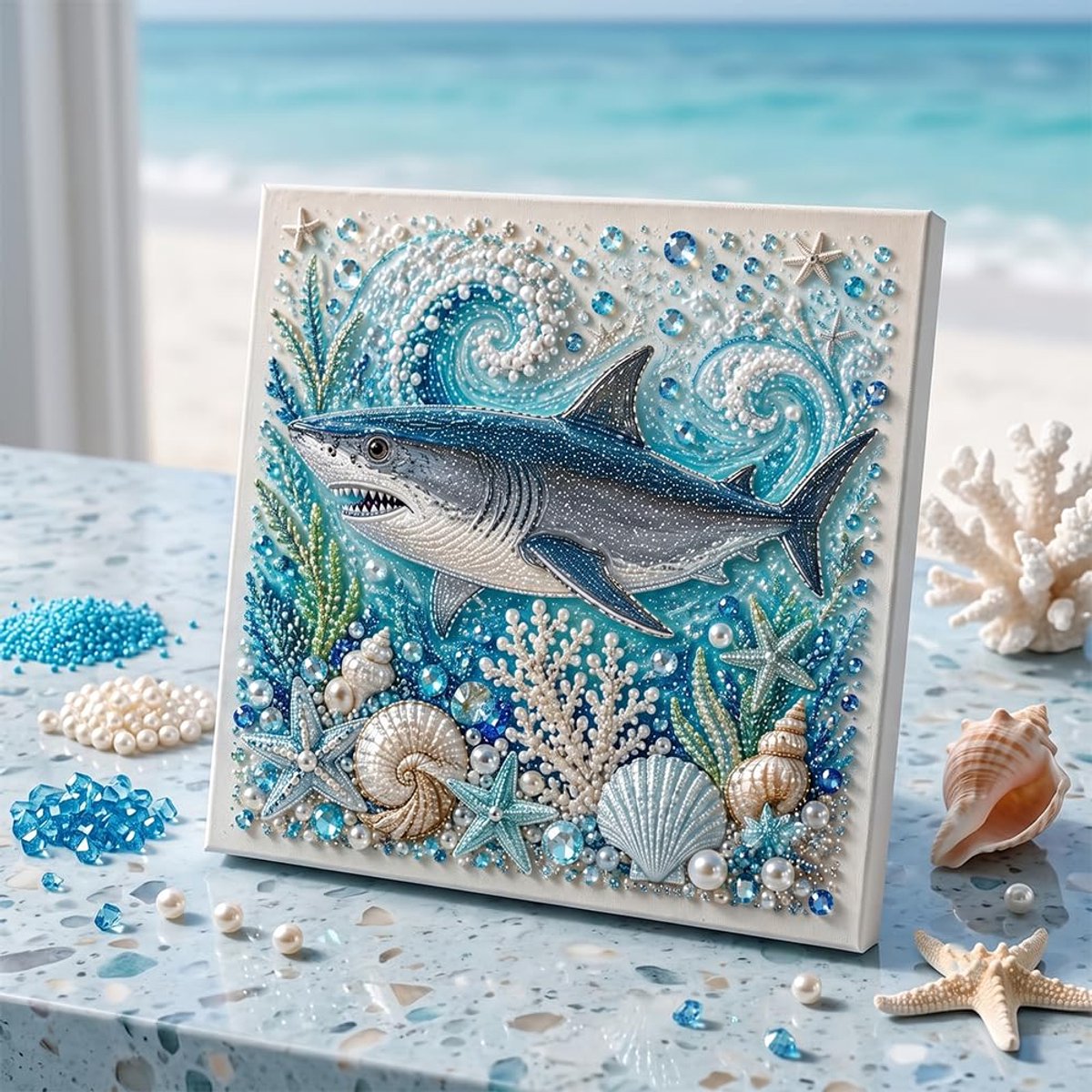 Casalora® 3D Diamant Schilderij DIY Kit Oceaan Parel – Haai – Diamond Painting Set met Lijst – Creatieve Hobby voor Volwassenen & Beginners – Wanddecoratie Cadeau