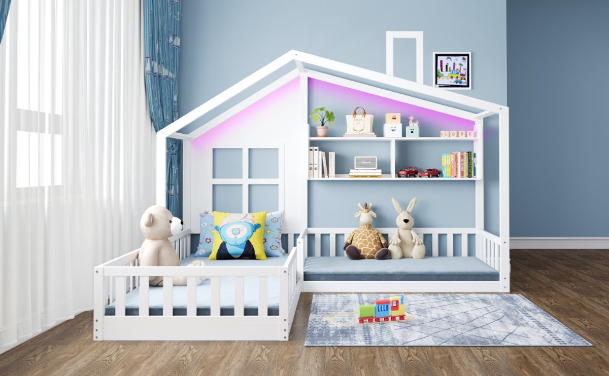 VVBV Kinderbed 90x200 cm - Laag Vloerbed, Uitvalbeveiliging, Opbergruimte, Huisvorm - Wit, Massief Hout & MDF