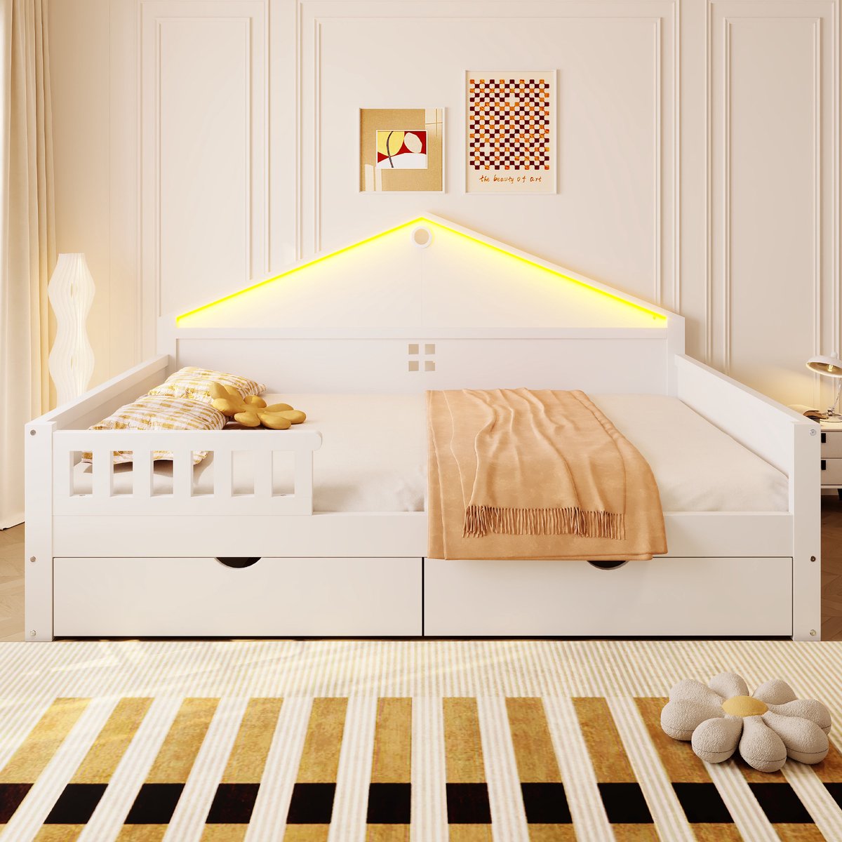 VVBV Kinderbed 140x200 cm - Opbergruimte, LED-Verlichting, Met Lades, Met Lattenbodem - Wit, Massief Hout & MDF