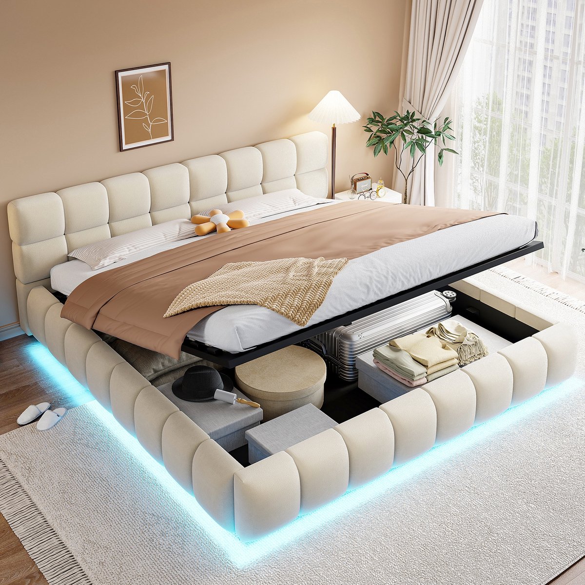 Sweiko Gestoffeerd Bed - 180 x 200 cm - LED-verlichting - Tweepersoonsbed - Opbergruimte - Fluweel - Beige