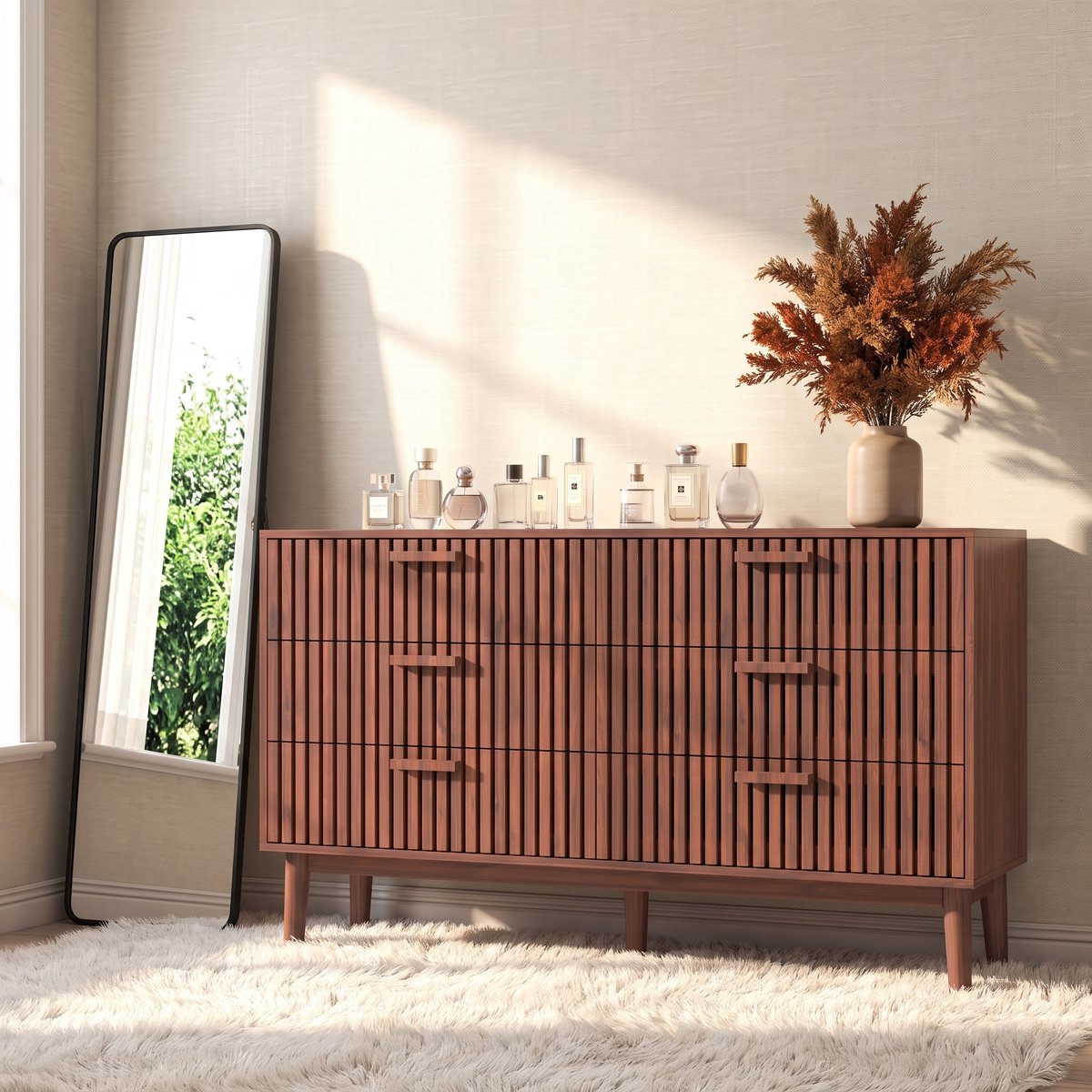 MEXUS Commode met 6 Lades, Opbergkast, Houten Dressoir met Handgrepen, Moderne Multifunctionele Kast Geschikt voor Hal, Slaapkamer, Woonkamer Kinderkamer Walnoothout