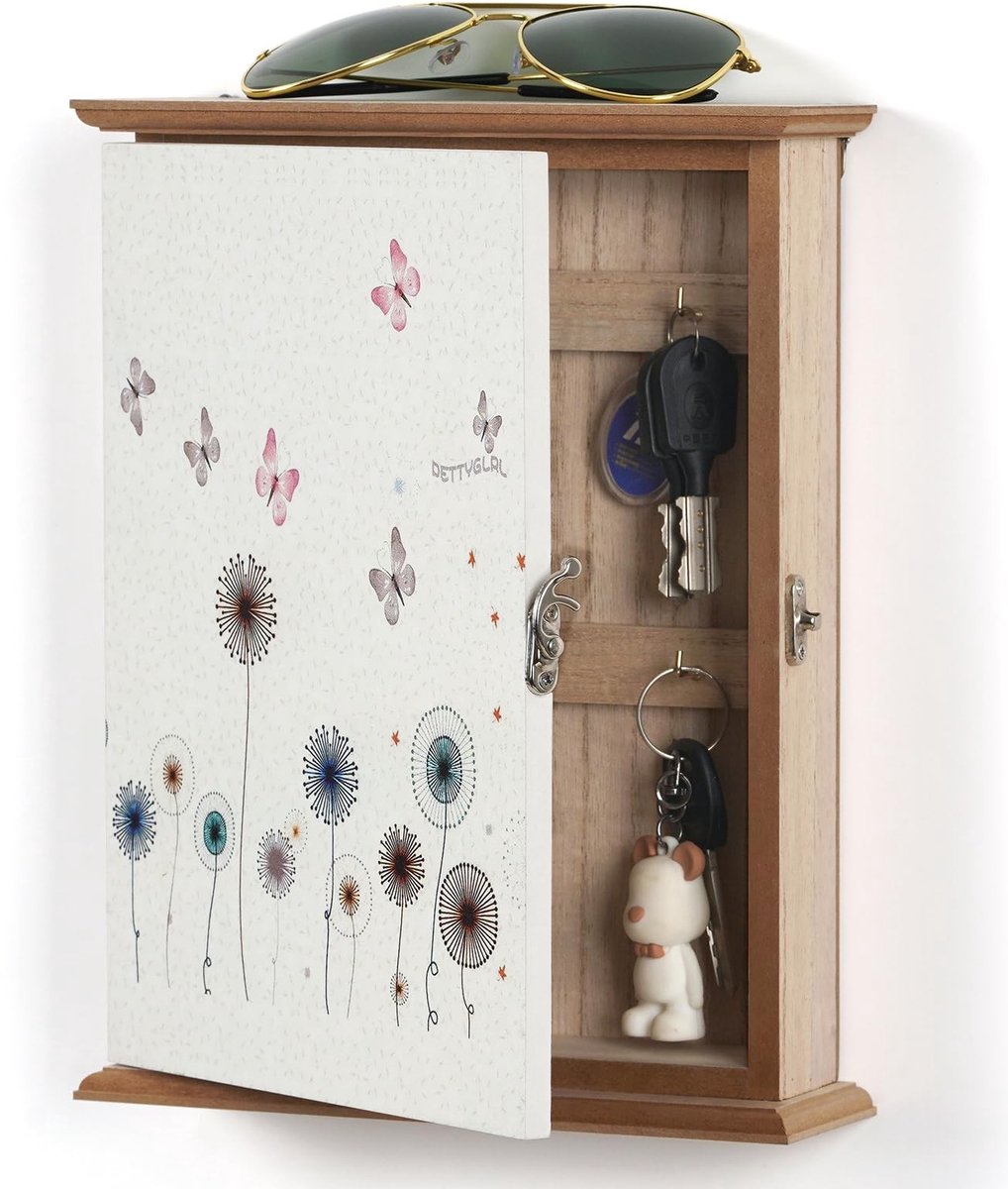Elzusha - Houten Sleutelkastje Wandorganizer - Paardenbloem & Vlinder - 6 Haken - Wit