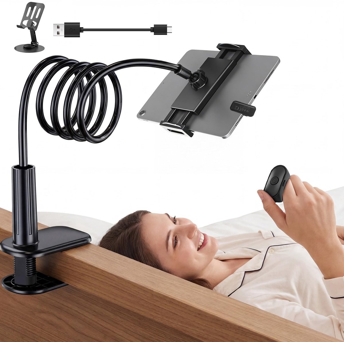 Elzusha - Verstelbare Zwanenhals Tablet Houder met Afstandsbediening voor E-reader en Telefoon